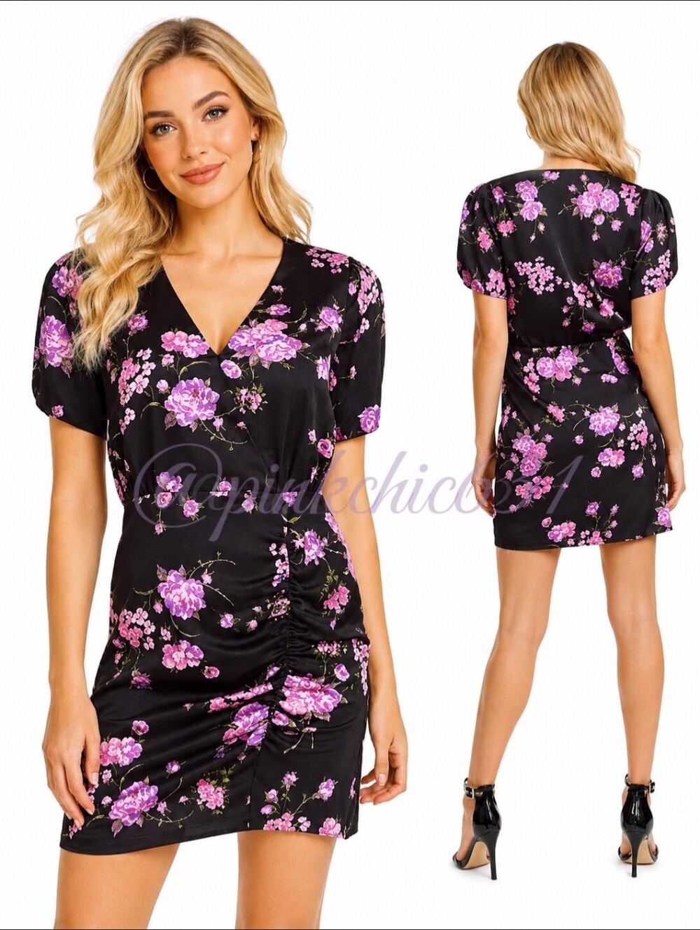 NWT LEYDEN Black Purple RUCHED Silky Satin Floral Mini Dress Size Medium